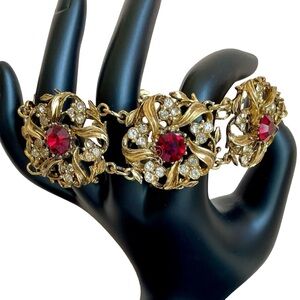 Vintage 1980s Goldtone Cocktail Link Bracelet with Red And Clear Rhinestones